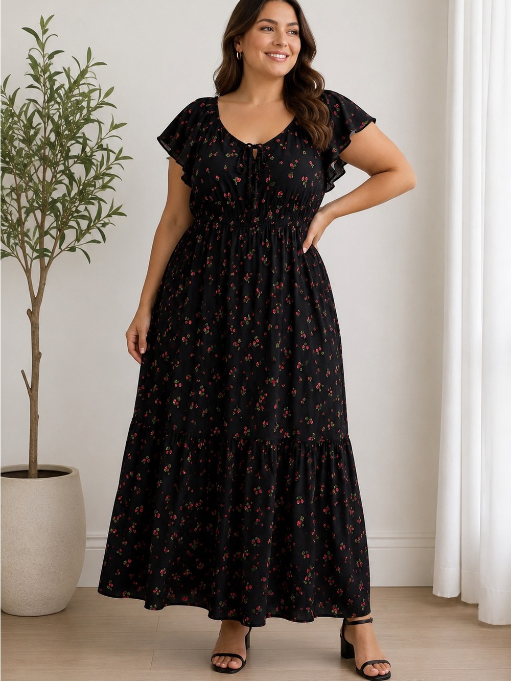 Black Floral strawberries Maxi Dress with Tie Neck